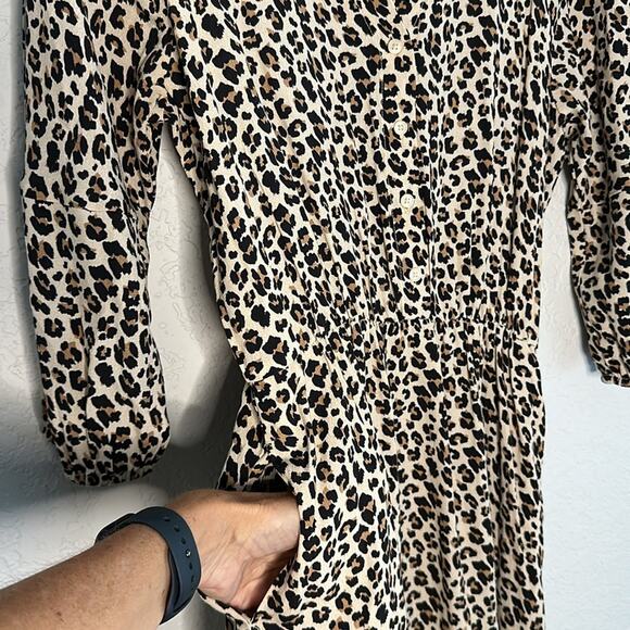 Banana Republic Animal Print Cheetah Shirt Dress Rayon Midi Pockets Brown Fall - Picture 4 of 7